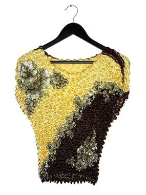 Radiance Textured Crinkle Floral Top Y2K Popcorn Stretch Blouse Brown Yellow OS